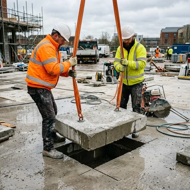 Cut section of concrete slab being lifted out after sawing