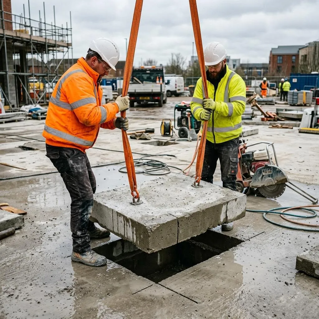 Concrete section cut and prepared for removal on a Grays site using diamond wire sawing