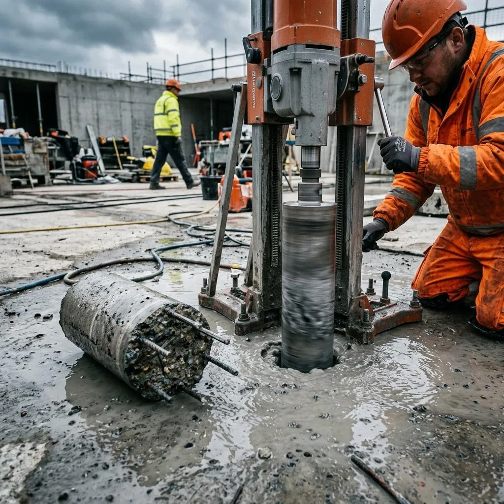 152mm diamond core cut through a reinforced concrete floor slab in Basildon
