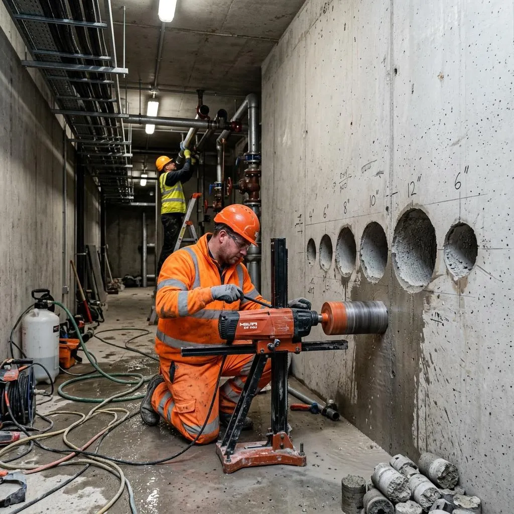 Several diamond drilled cores through a reinforced concrete slab in a plant room, the kind of penetration set formed on Chelmsford new build