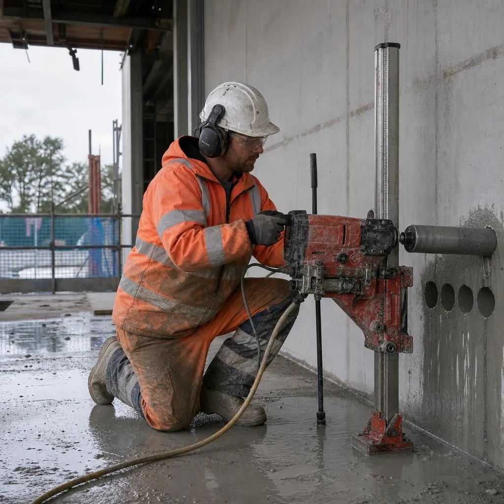Diamond drilling rig anchored to a reinforced concrete slab on an Essex site