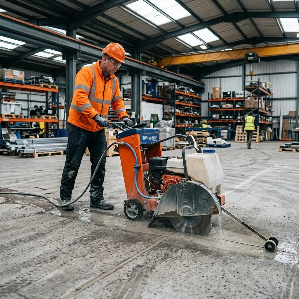 Floor saw cutting a straight line across a warehouse slab in Southend
