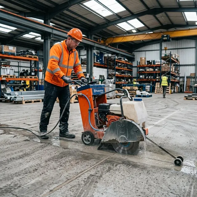 Walk behind floor saw cutting a straight line in a warehouse slab
