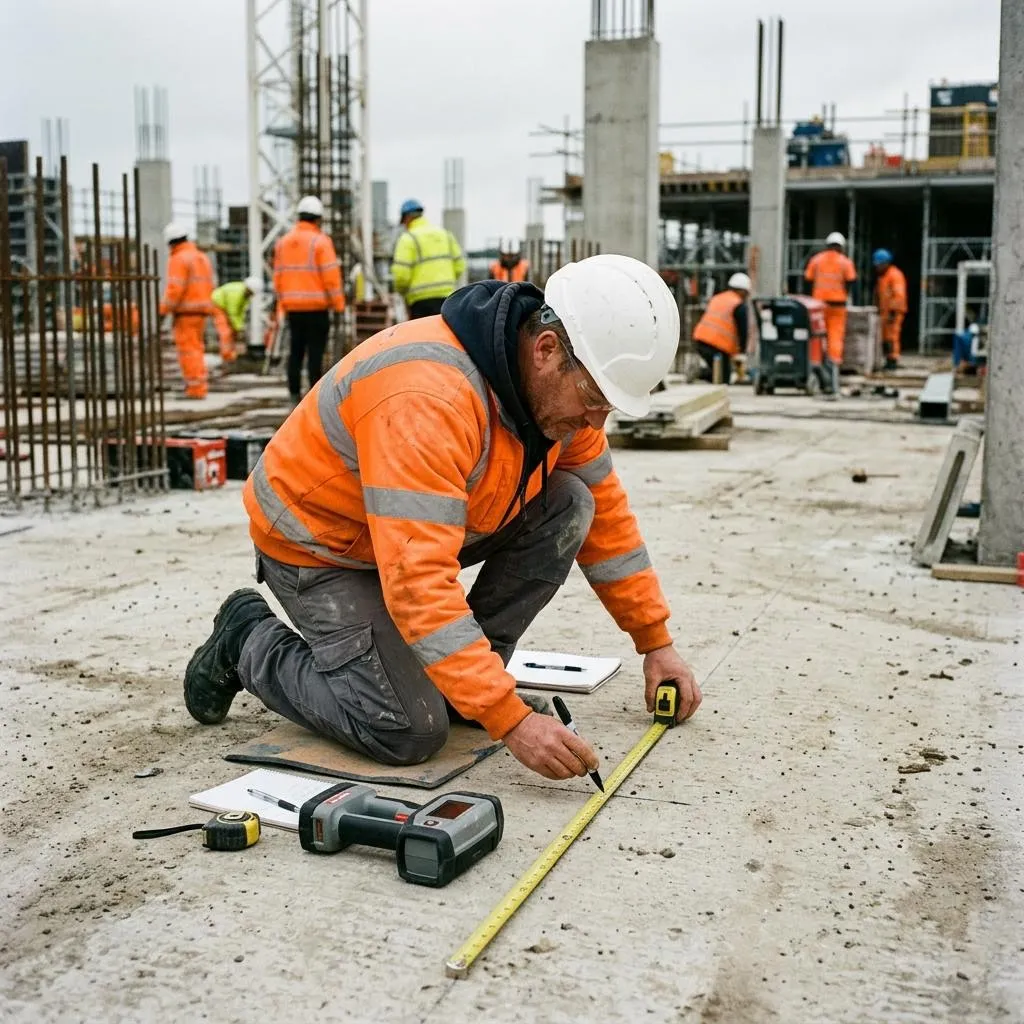 Operative marking out a concrete floor after a scanning survey