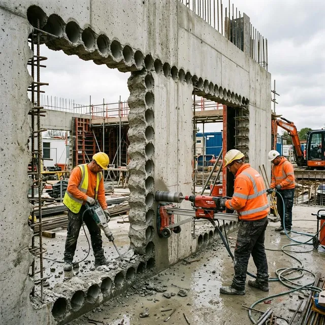 Overlapping stitch drilled cores forming an opening in a concrete wall