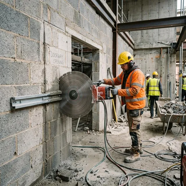 Track mounted wall saw cutting a doorway opening in a block wall
