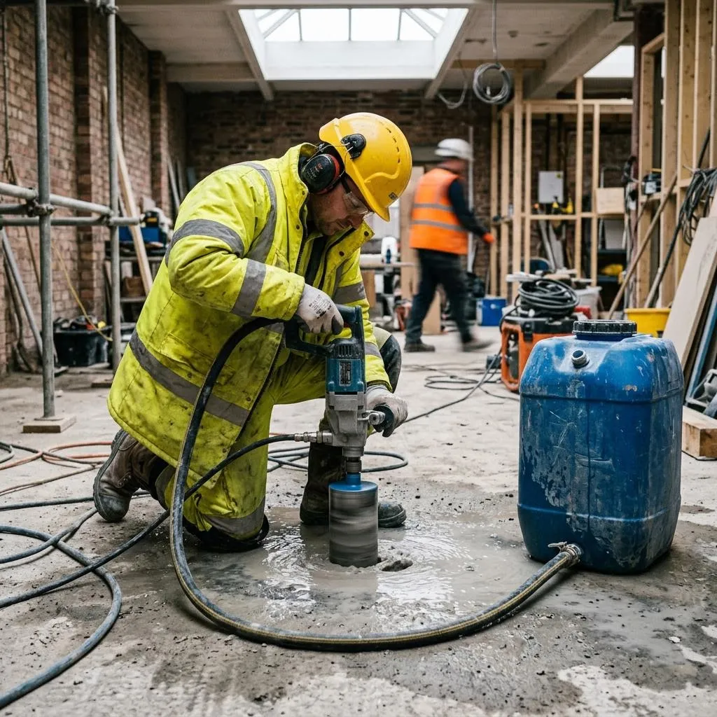 Water-fed dust suppression running at the bit during core drilling